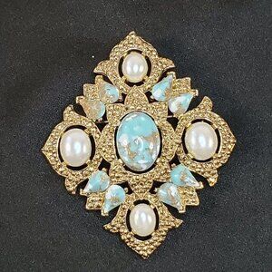 Vintage Sarah Coventry Brooch Pendant Gold With Faux Pearl & Turquoise Stones